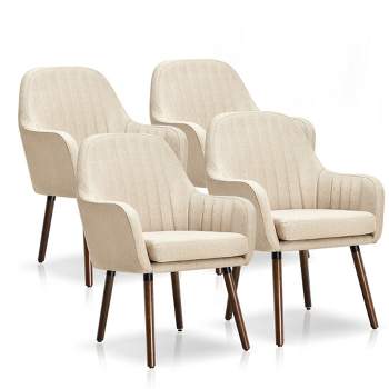 Costway Set of 4 Accent Chairs Fabric Upholstered Armchairs w/Wooden Legs Beige/Gray