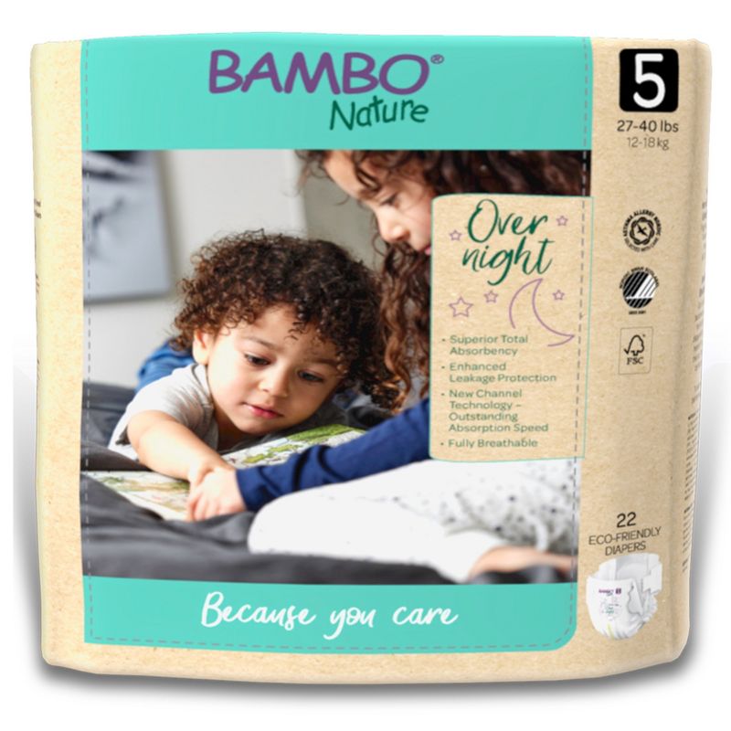 Bambo Nature Overnight Diapers, Disposable, Eco-Friendly, Size 5, 22 Count, 2 Packs, 44 Total, 1 of 6