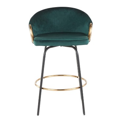 Emerald Green Velvet and Gold Metal Swivel Counter Stools, Set of 2