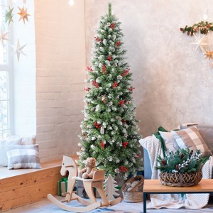 Gikpal 6ft Pre-Lit Artificial Pencil Christmas Tree, Skinny Spruce Slim Holiday Decoration w/ 600 Tips, 200 Incandescent Lights, Metal Hinges & Base - 1 of 4