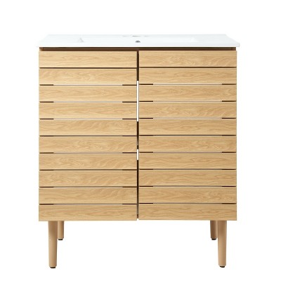 Aubert 30" Oak Slat Modern Farmhouse Bath Vanity Cabinet