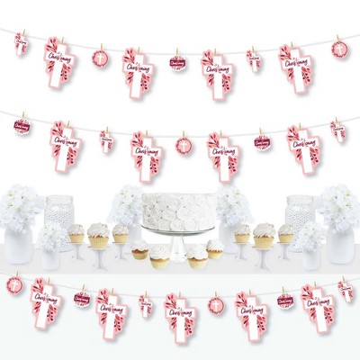 Big Dot of Happiness Christening Pink Elegant Cross - Girl Religious Party DIY Decorations - Clothespin Garland Banner - 44 Pieces