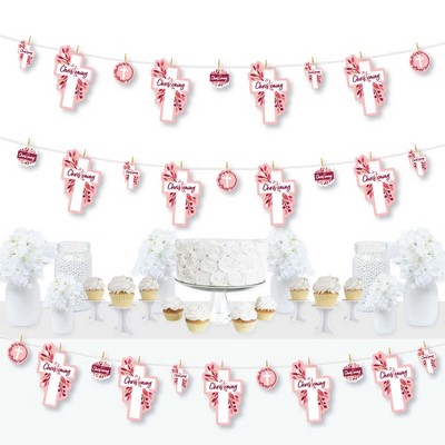 Big Dot of Happiness Christening Pink Elegant Cross - Girl Religious Party DIY Decorations - Clothespin Garland Banner - 44 Pieces