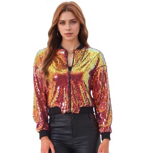 INSPIRE CHIC Women's Party Sequin Sparkle Long Sleeve Cropped Length Zipper Bomber Jacket - 1 of 4