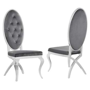 Tufted Velvet Dining Chairs in Dark Gray with Silver Stainless Steel (Set of 2)