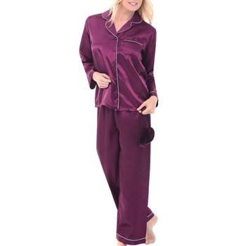 ADR Women's Satin Pajamas Set, Button Down Long Sleeve Top and Pants with Pockets, Silk like PJs with Matching Sleep Mask