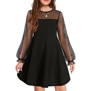 Arshiner Girl's Contrast Mesh Puff Long Sleeve High Waist A Line Short Dress with Pockets for 6-13 Years - 1 of 4