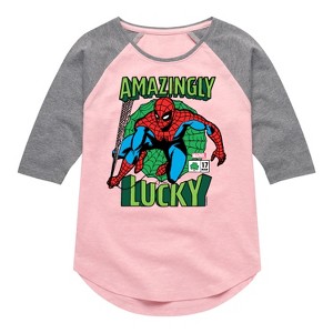 Girls' - Marvel - Spider-man St. Patrick's Day Amazingly Lucky Shirt Tail Raglan Graphic T-shirt - 1 of 3