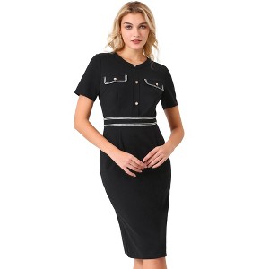Hobemty Women's Round Neck Short Sleeve Contrast Color Elegant Sheath Pencil Dresses - 1 of 4