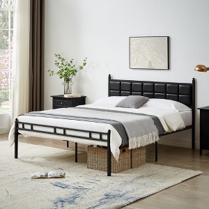 VECELO Twin/Full/Queen Metal Bed Frame Platform Bed with Faux Leather Headboard and 12" Under-Bed Storage, Matte Black - 1 of 4