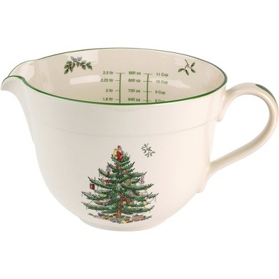 Spode Christmas Tree Batter Jug, 2qt Mixing Bowl with Handle & Spout, Holiday Bakeware, Dishwasher Safe Earthenware w/ Measurements