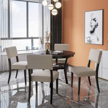 5-Piece Kitchen Dining Table Set Round Table with Bottom Shelf and 4 Upholstered Chairs, Espresso+Beige-ModernLuxe
