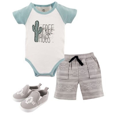 Yoga Sprout Baby Boy Cotton Layette and Shoe 3pc Set, Free Hugs