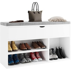 Shoe Storage Bench with Cushion, Entryway Bench with 2 Tiers Open Shoe Rack and Lift-Top Storage Box, Wooden Shoe Bench - 1 of 4