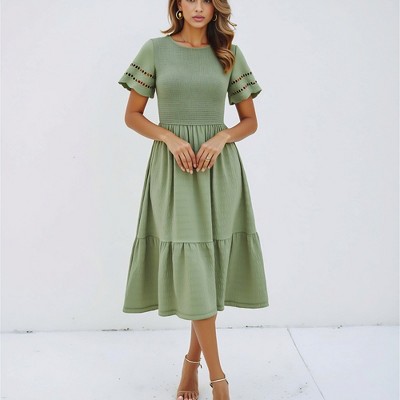Knit & Lounge Women’s Smocked Bodice Tiered Midi Dress with Short Ruffled Sleeves Eyelet Detail Flowy Skirt