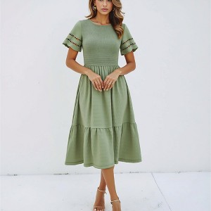 Knit & Lounge Women’s Smocked Bodice Tiered Midi Dress with Short Ruffled Sleeves Eyelet Detail Flowy Skirt - 1 of 4