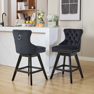 Set of 2 Velvet Bar Stools with Button Tufted Decoration and Wooden Legs, Leisure Swivel Chairs with Chrome Nailhead Trim - ModernLuxe - 1 of 4