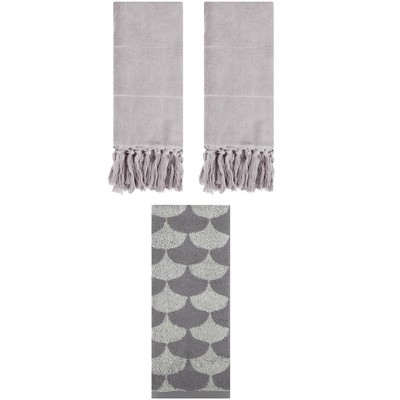 REGALWOVEN 3 Packs Geometric and Solid Absorbent Soft Cotton Hand Towel Set