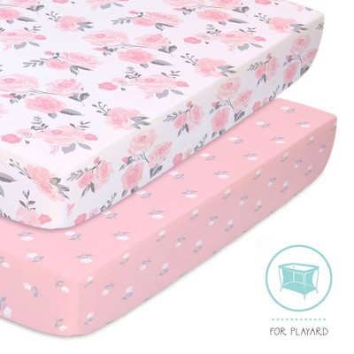 The Peanutshell Fitted Playard Sheets - Pink Roses and Ditsy Floral - 2pk