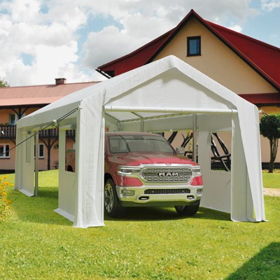 Garvee 10'x20' Carport Canopy ,Heavy Duty Portable Garage 4 Roll-up Doors & 4 Windows Waterproof Tarp for Car Truck Boat Storage, White