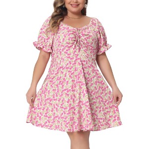 Agnes Orinda Women's Plus Size Sweetheart Neck Puff Short Sleeve Tie Floral A Line Dresses - 1 of 4