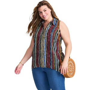 Avenue Women's Plus Size Zip Neck Hi-Low Shirt - 1 of 4