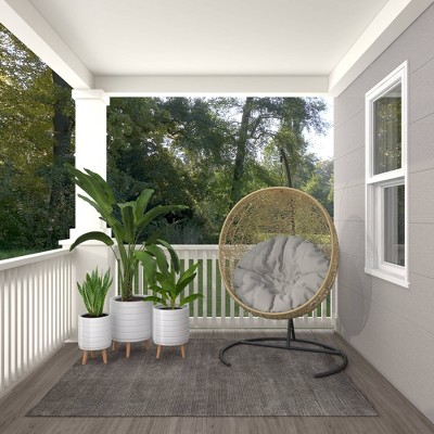Set of 3 White Fiber Clay Etched Planters with Wooden Tripod Stand
