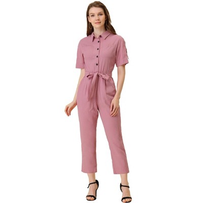 Allegra K Women's Short Sleeve Collared Cropped Coverall Button Down Tie  Waist Cotton Cargo Jumpsuit