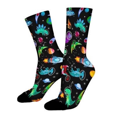 Dinosaur Astronauts Women Printed Crew Socks Funny Funky Socks Soft Polyester Novelty Gifts for Artists Men