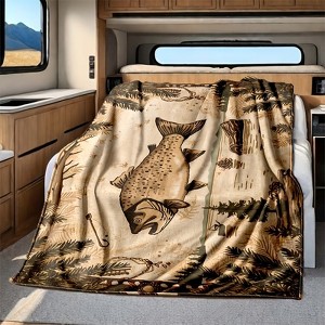 Vintage Fishing Pattern Flannel Throw Blanket for All Seasons, Polyester, Ideal for RV Interior and Car Naps. - 1 of 4