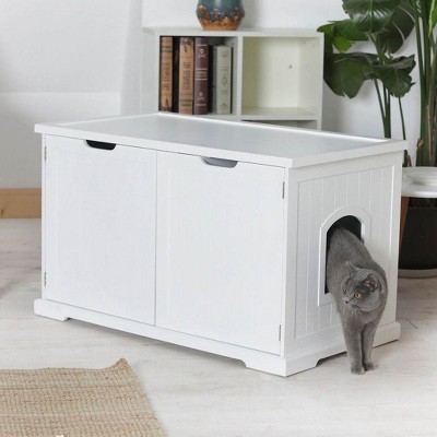 White Wooden Cat Washroom Bench with Dual Doors