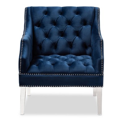 Elegant Navy Blue Velvet Lounge Chair with Clear Acrylic Legs