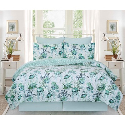 Full White Cotton Reversible Coastal Quilt Set
