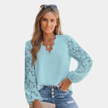 Women's Floral Lace Scalloped V Neck Top - Cupshe