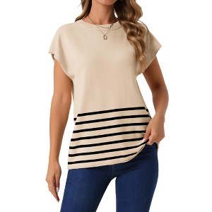 INSPIRE CHIC Women's Round Neck Striped Casual Batwing Cap Sleeve Ribbed Knit Pullover Sweater Tops - 1 of 4