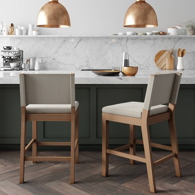Linus Natural Flax Upholstered Counter Height Bar Stools with Rubberwood Legs, Set of 2