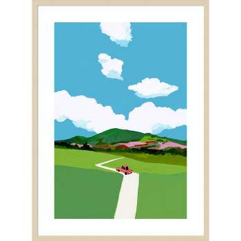 30" x 41" Driving Through The Meadow in a Red Car by Hiroyuki Izutsu Wood Framed Wall Art Print - Amanti Art