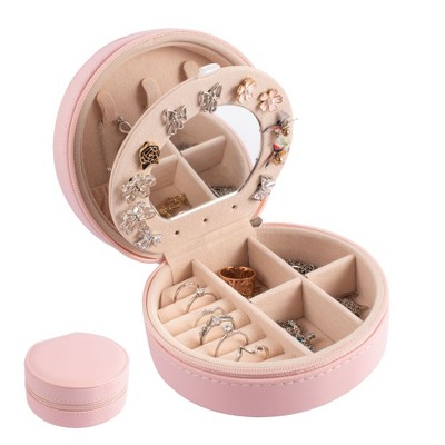 Small Travel Jewelry Organizer Case with Mirror, Storage Box for Rings Earrings Necklaces, Gifts for Women, Pink