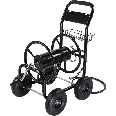 VINGLI 4-Wheel Garden Hose Reel Cart with Storage Basket, Portable Residential Hose Reel Cart