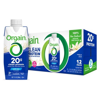 Orgain Clean Protein Shake, Grass Fed, Vanilla Bean, 11 fl oz, 18 ct