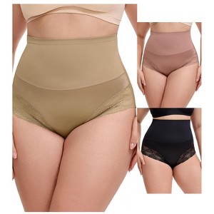 INSPIRE CHIC 3 Packs Women's Lace Trimmed Tummy Control High Waisted Soft Breathable Full Coverage Briefs - 1 of 4