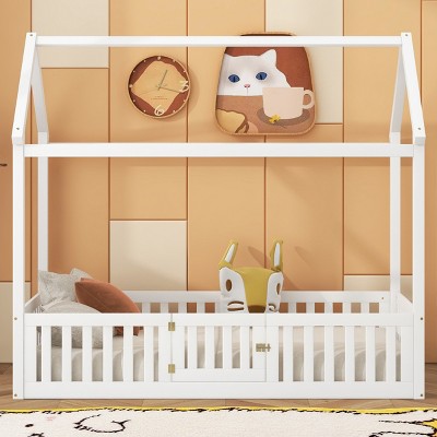 House Bed Frame, Solid Pine Wood with Fence and Door, No Box Spring Needed, Roof Play Design for Kids Bedroom - Baofuwish
