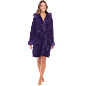 ADR Women's Short Bathrobe, Womans Robe Plush Faux Fur Accents Fuzzy Feather Bath Robe - 1 of 4