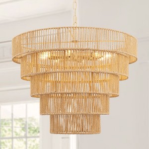 YANSUN 5-Tier 8-Light Farmshouse Antique Brass Boho Chandelier with Handwoven Rattan Shade for Kitchen, E12 No Bulbs Included - 1 of 4