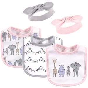 Hudson Baby Infant Girl Cotton Bib and Headband Set 5pk, Pink Safari, One Size - 1 of 4