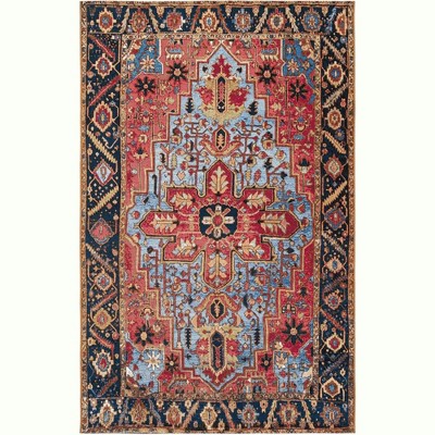 Rust Red and Blue Synthetic Outdoor Rectangular Rug