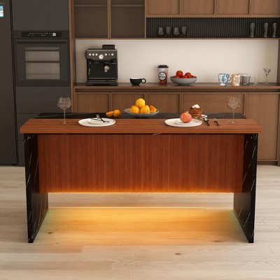 GDFStudio Taryn 63" Modern Marble Look Kitchen Island with LED Lights and Grille Design