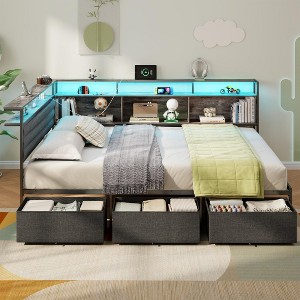 Furnulem Full Size Bed Frame with Headboard and Storage Drawers Full Metal Platform Corner Bed Frame with Charging Station and LED Lights Gray - 1 of 4