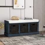 Rustic Storage Bench with Removable Cushion and 3 Removable Classic Rattan Basket-ModernLuxe