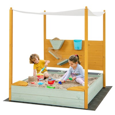 Safstar Kids Sandbox with Sand Wall Detachable Canopy Bottom Liner Water Bucket Outdoor